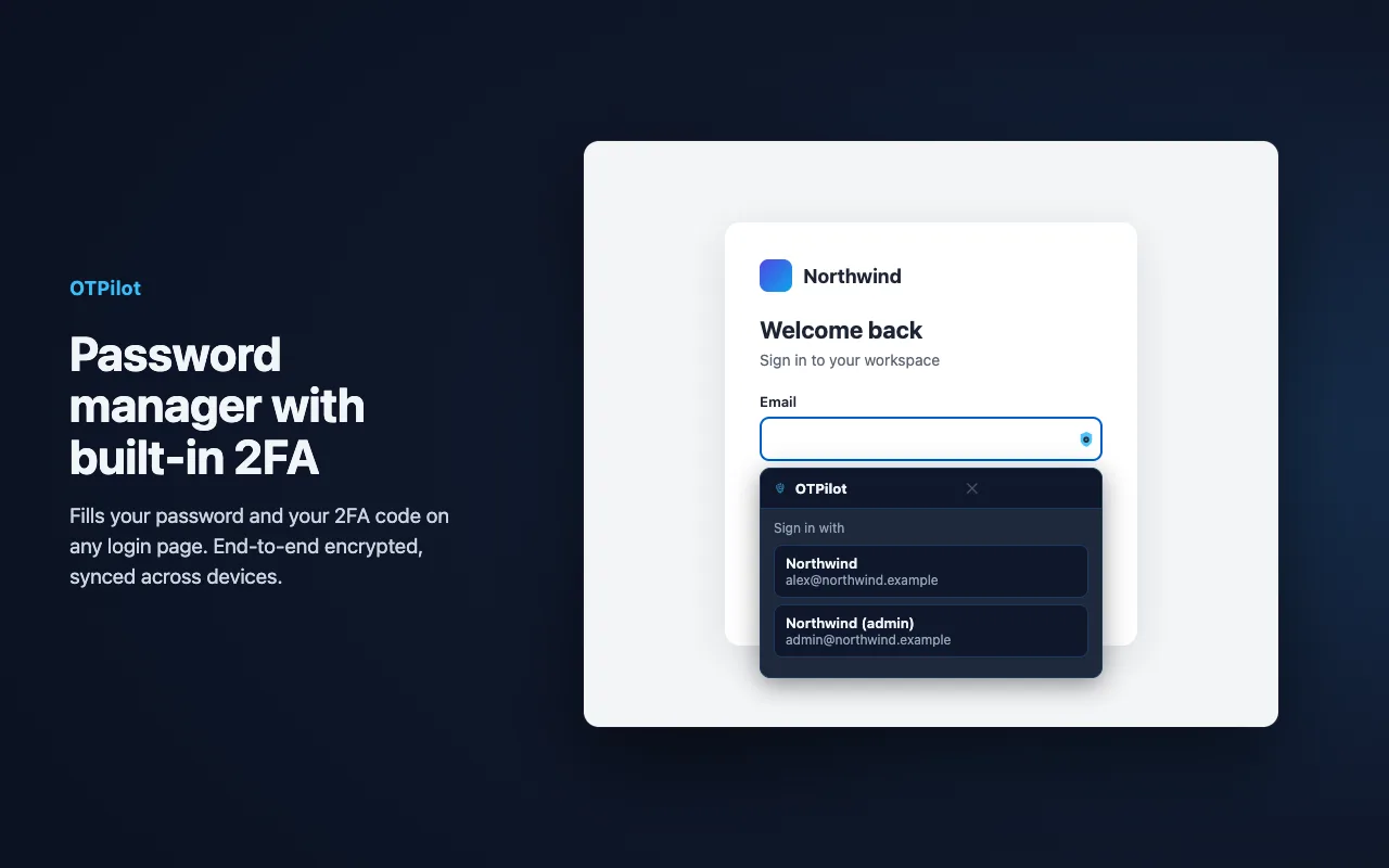 OTPilot offering the saved logins in the email field of a sign-in page