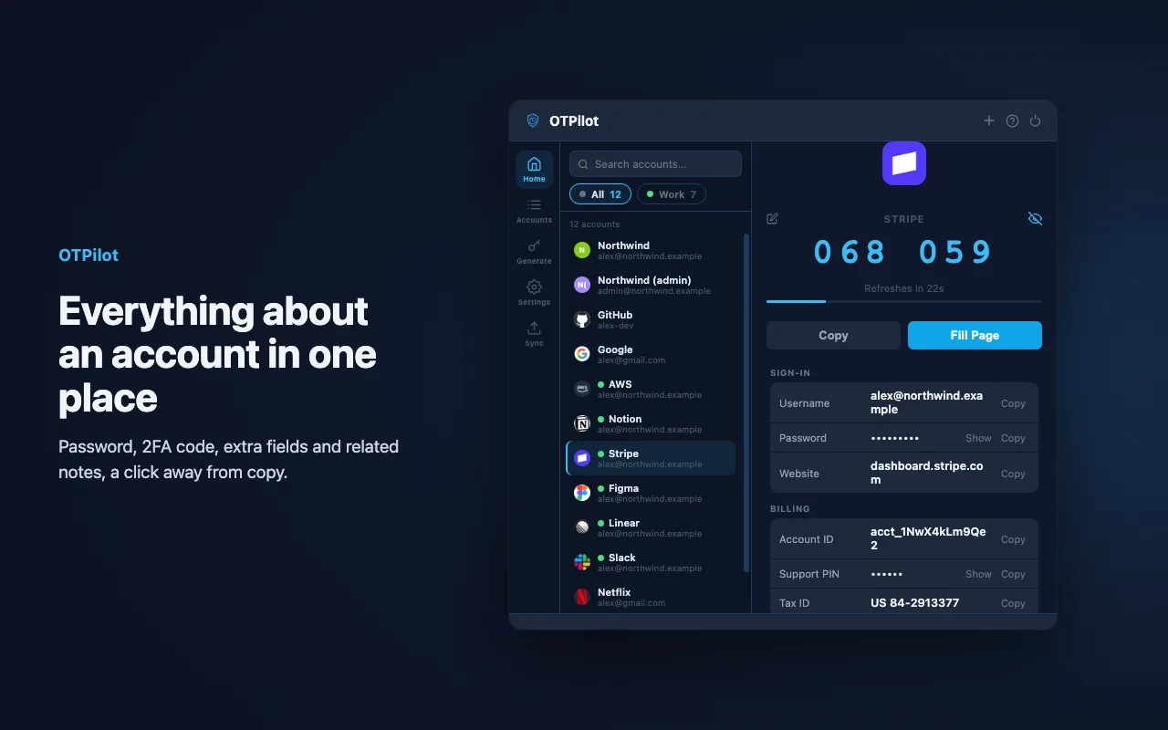 The OTPilot popup showing an account: its live 2FA code, sign-in details and extra fields