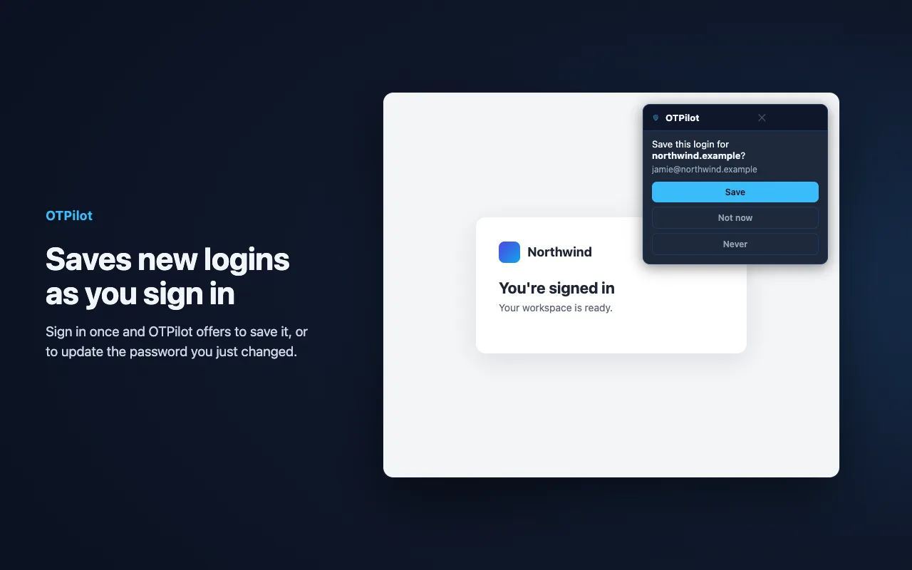 OTPilot offering to save a new login after signing in
